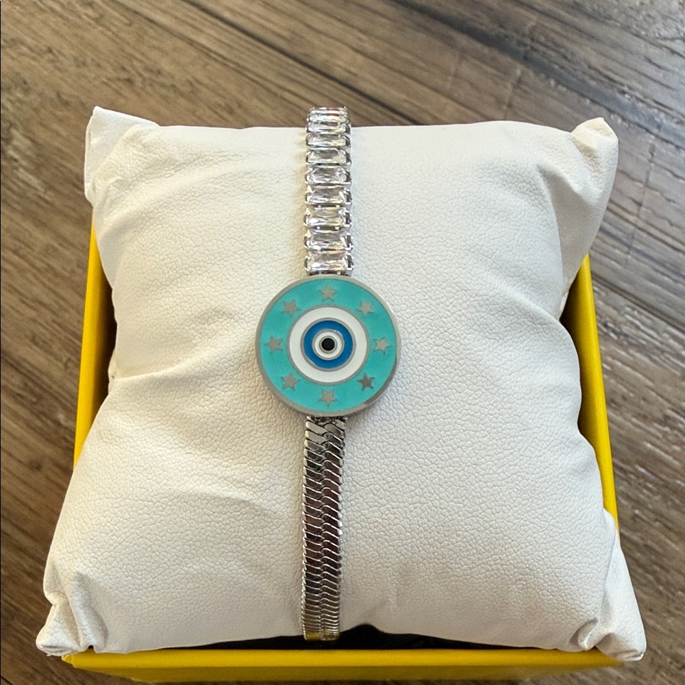 Stainless Steel Evil Eye Silver Link Bracelet with Turquoise Tone Disc